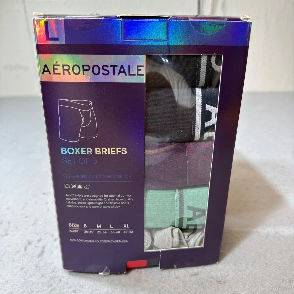 Aeropostale Boxer Briefs Men L Multi New 5PK Cotton Stretch Fly-Front AA11094PU